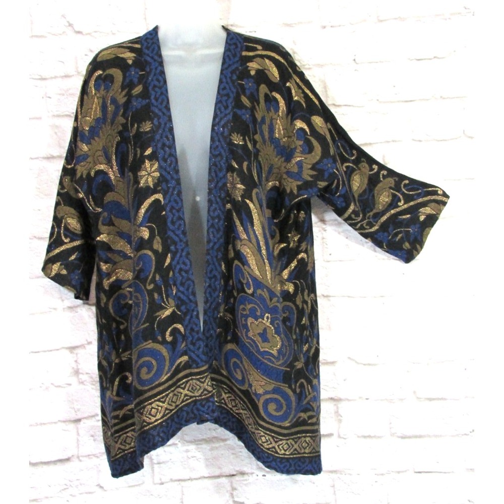 Soft Surroundings Blue Gold Metallic Open Front Cardigan Top Bird Floral S/M